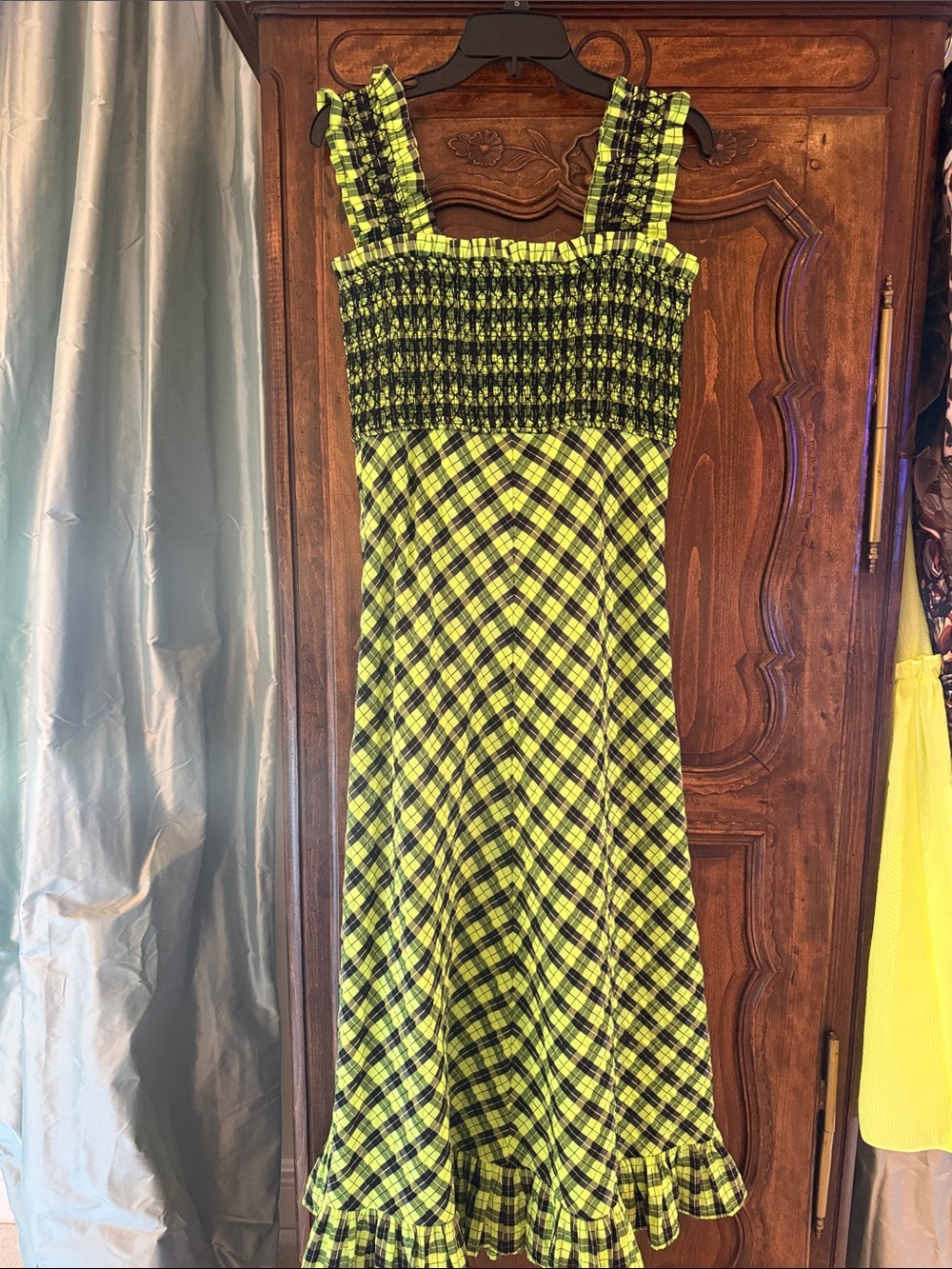 Ganni Neon Yellow Plaid Smocked Maxi Dress